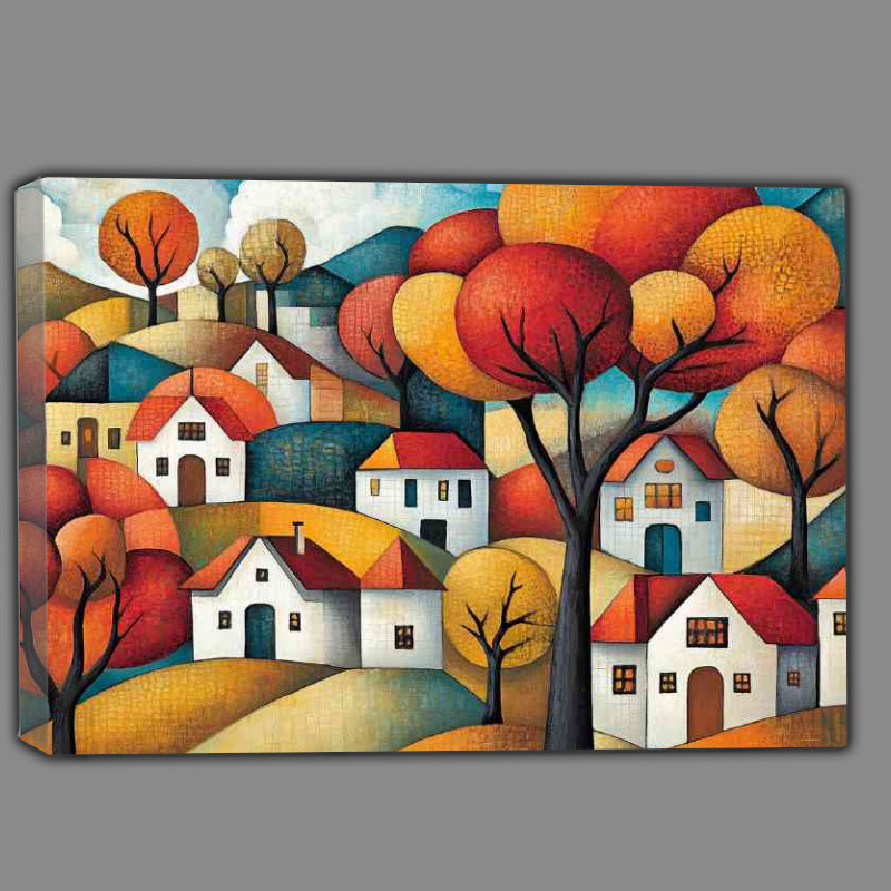 Buy Canvas : (Abstract cubist painting depicting trees and house colourful)