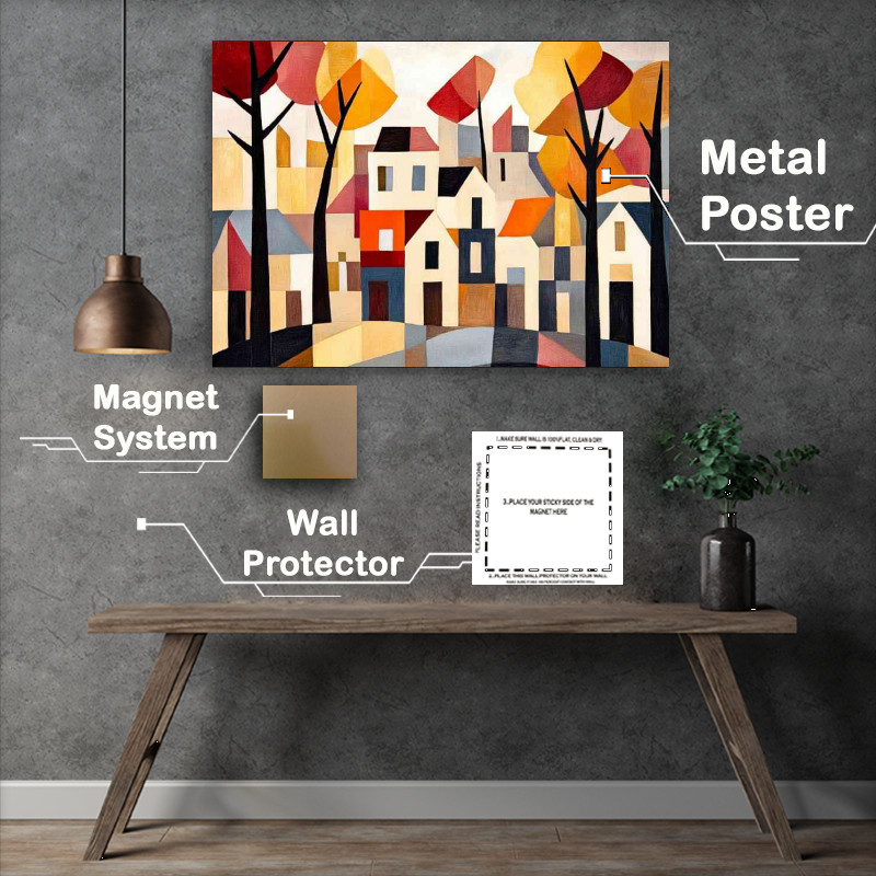 Buy Metal Poster : (Abstract cubist painting depicting trees and house in auntum)