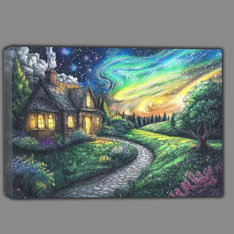Buy Canvas : (Beautiful pencil drawing of an old English cottage landscape)