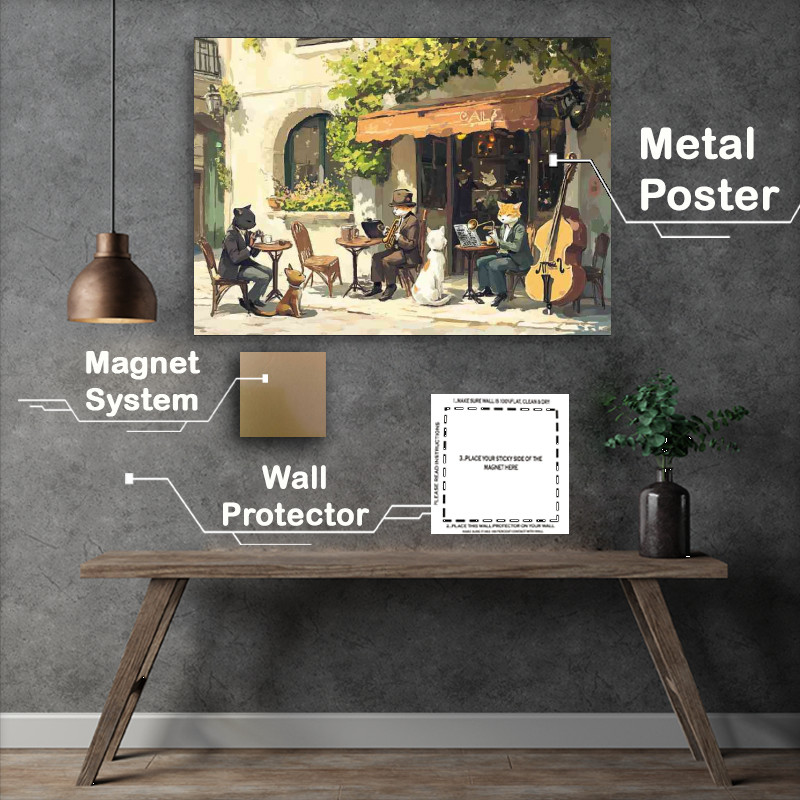 Buy Metal Poster : (Street scene with cute cats and dogs sitting music)