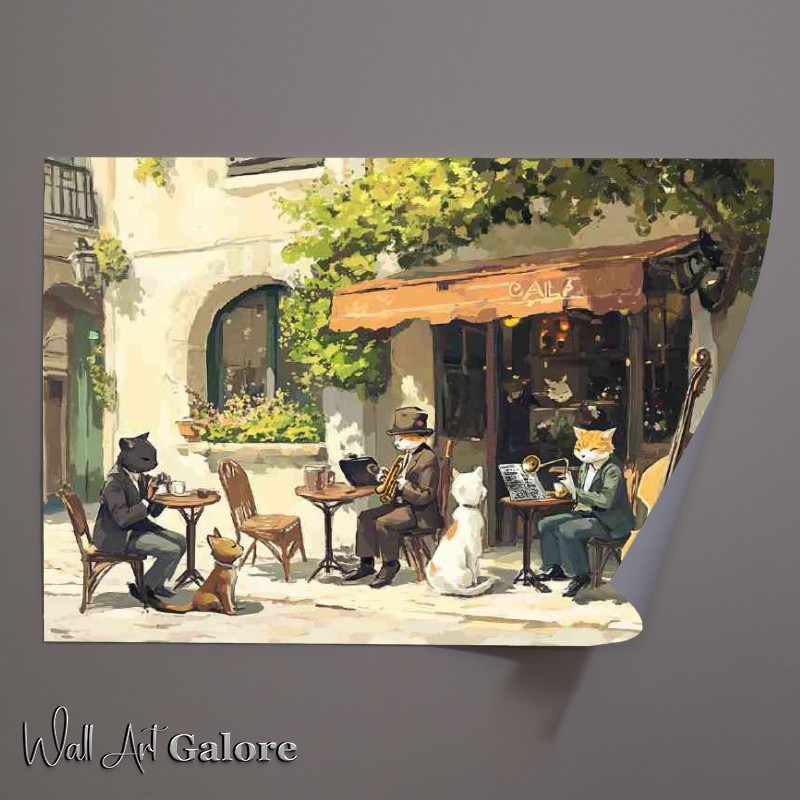 Buy Unframed Poster : (Street scene with cute cats and dogs sitting music)