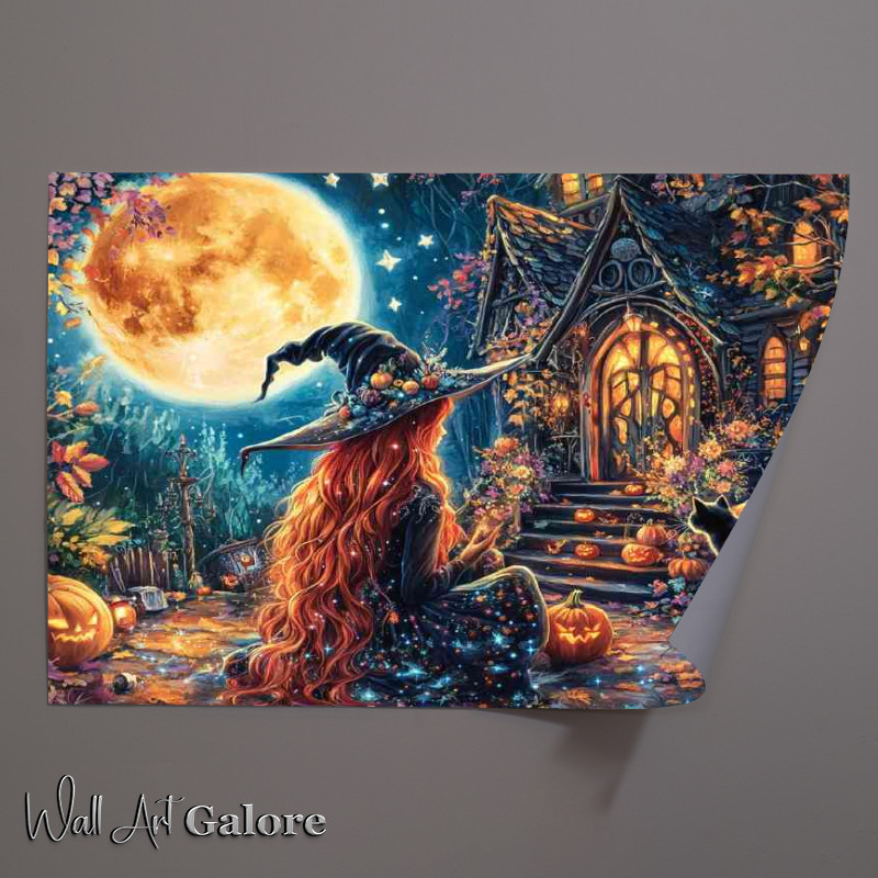 Buy Unframed Poster : (Witch with long red hair and a black cat full glowing moon)