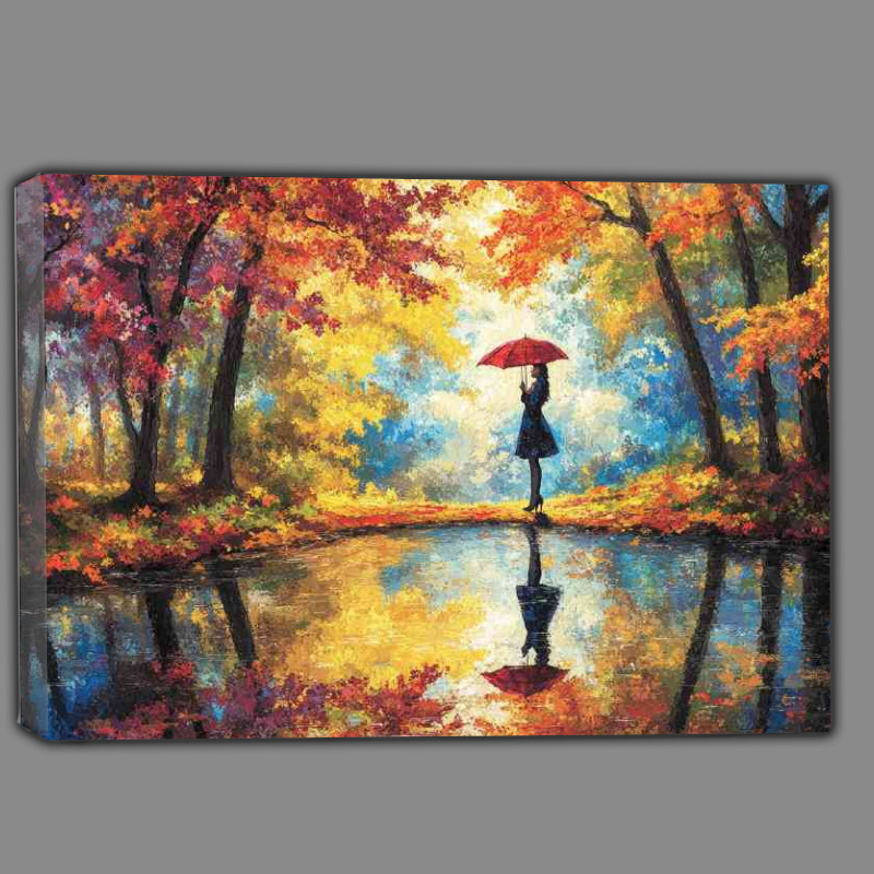 Buy Canvas : (Woman standing in the middle of an autumn setting)
