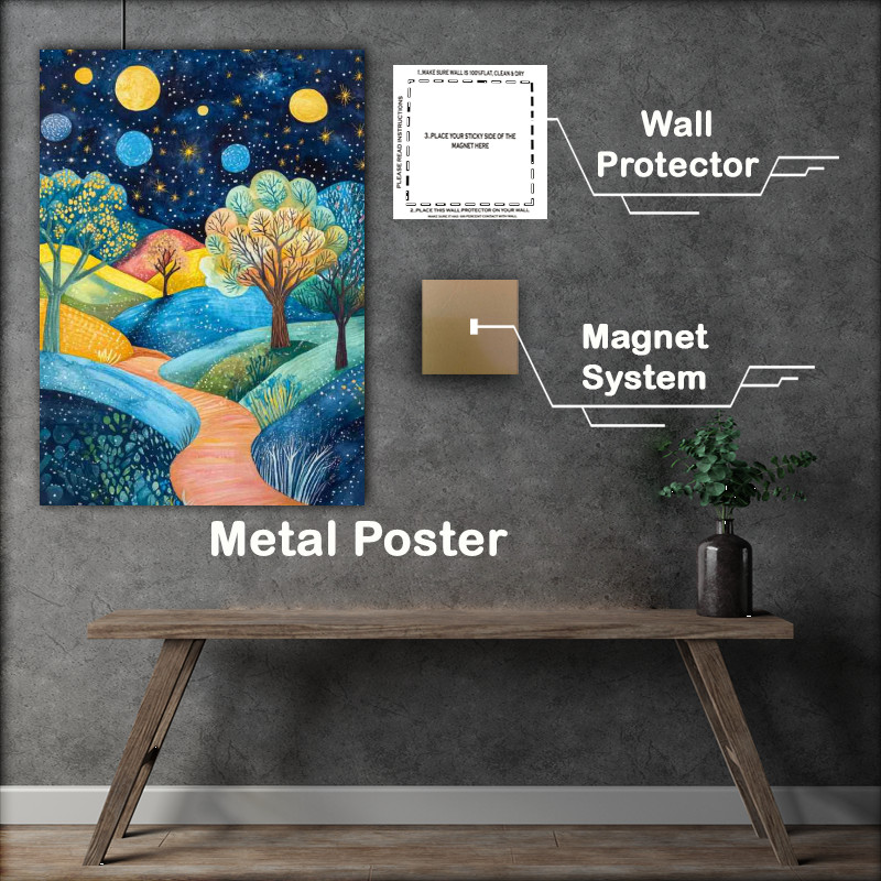 Buy Metal Poster : (Landscape painting with trees and hills)