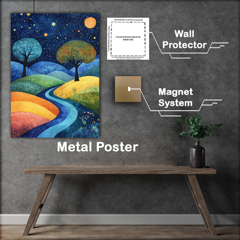 Buy Metal Poster : (Landscape painting with trees and hills at night)