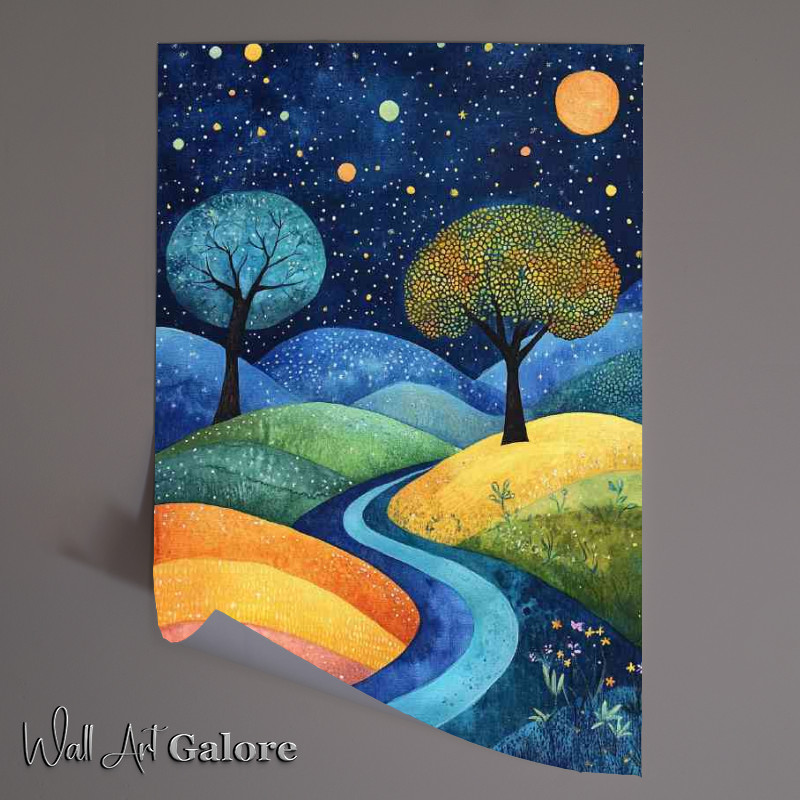 Buy Unframed Poster : (Landscape painting with trees and hills at night)
