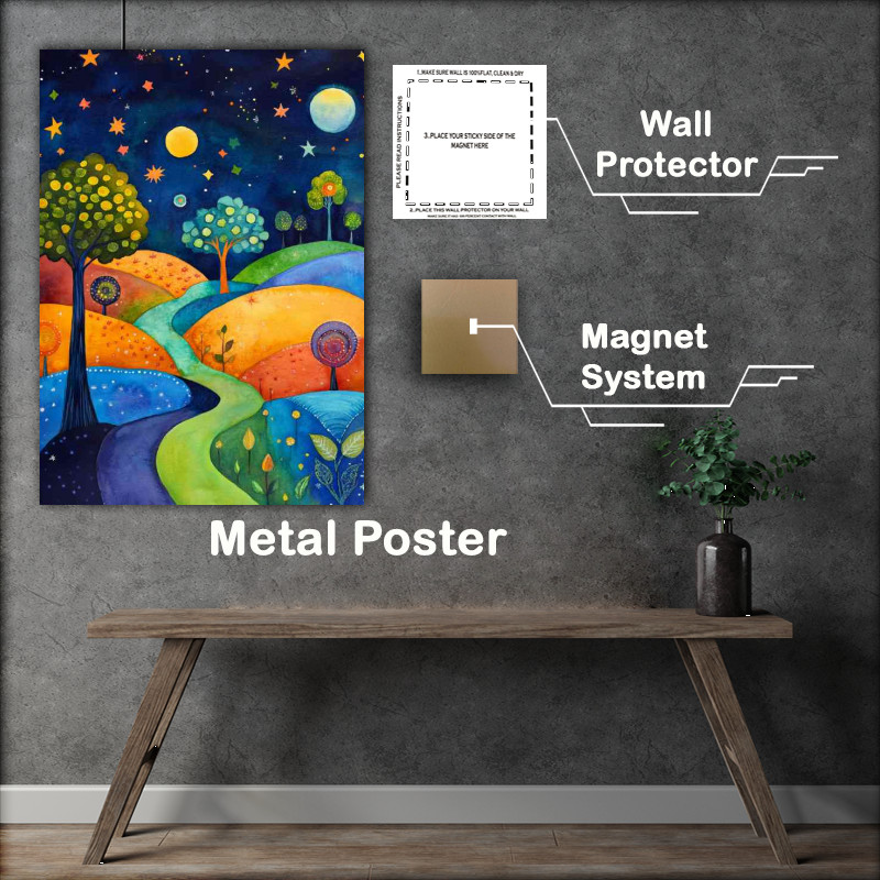 Buy Metal Poster : (Whimsical landscape painting with trees and hills at night)