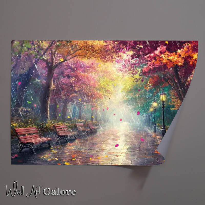 Buy Unframed Poster : (Colorful street with trees and leaves falling down the path)