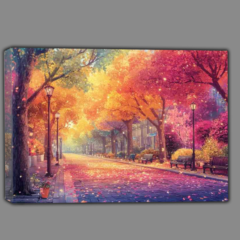 Buy Canvas : (Colorful tree lined street with falling leaves brightly lit)