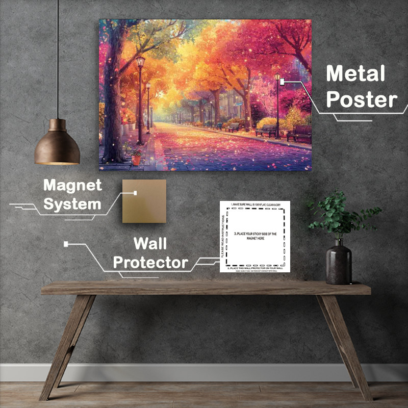 Buy Metal Poster : (Colorful tree lined street with falling leaves brightly lit)