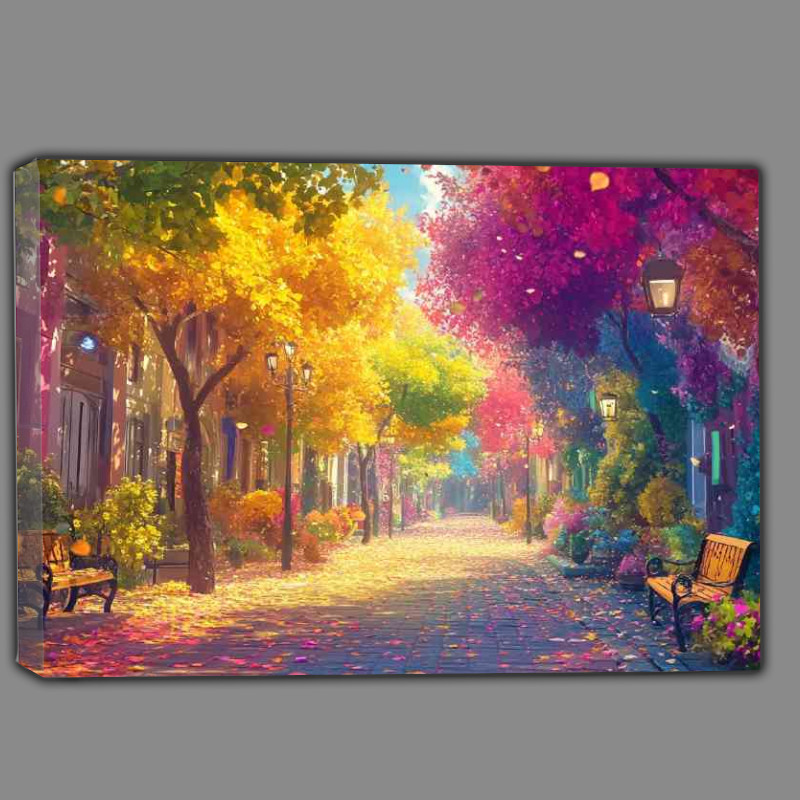 Buy Canvas : (Colorful tree lined street with falling leaves at fall)