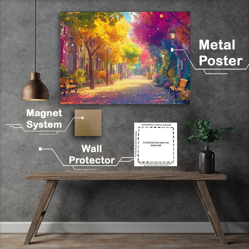 Buy Metal Poster : (Colorful tree lined street with falling leaves at fall)