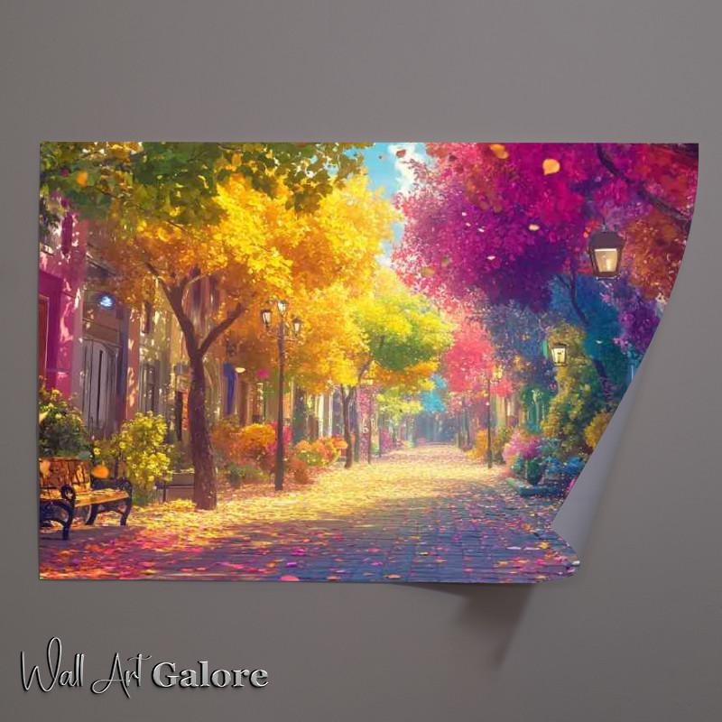 Buy Unframed Poster : (Colorful tree lined street with falling leaves at fall)