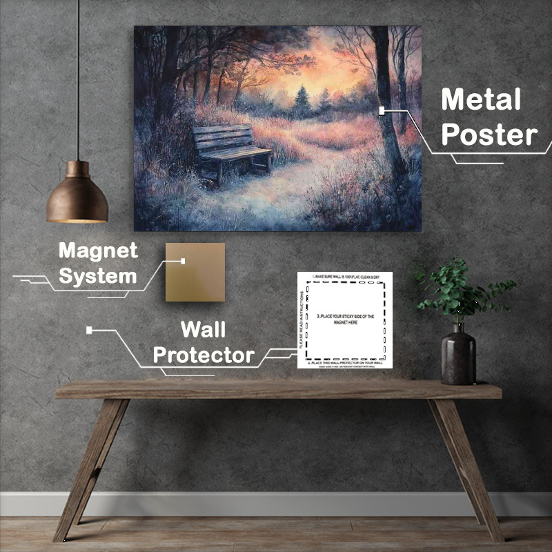Buy Metal Poster : (Dreamy landscape with an old wooden bench surrounded woodland)