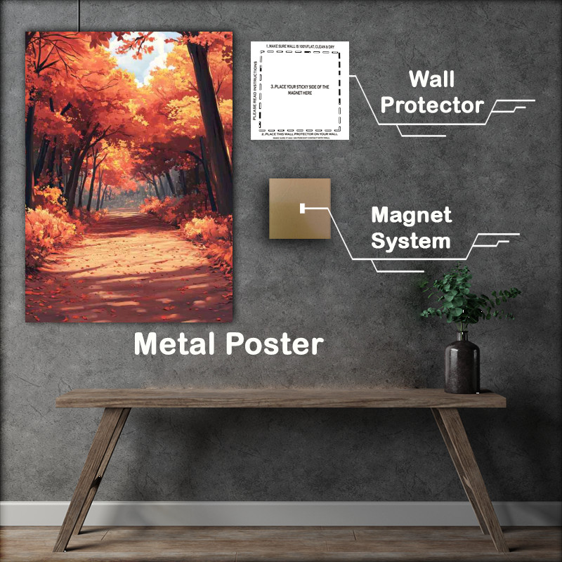 Buy Metal Poster : (A forest path lined with autumn leaves)