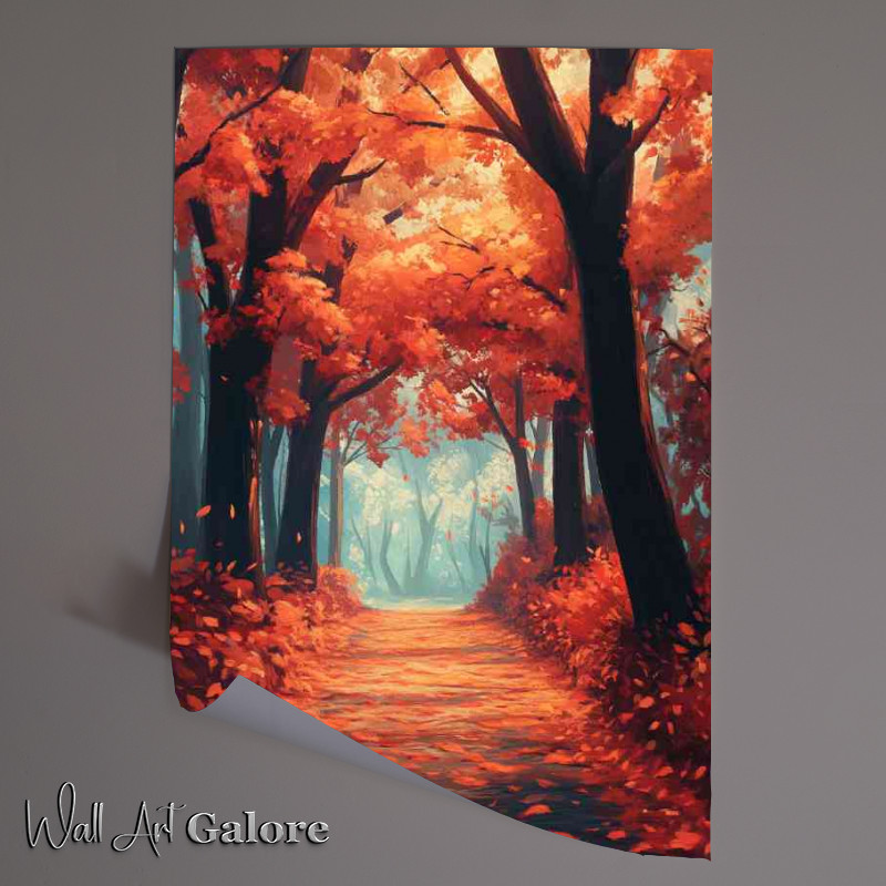 Buy Unframed Poster : (A forest path lined with red and orange leaves)