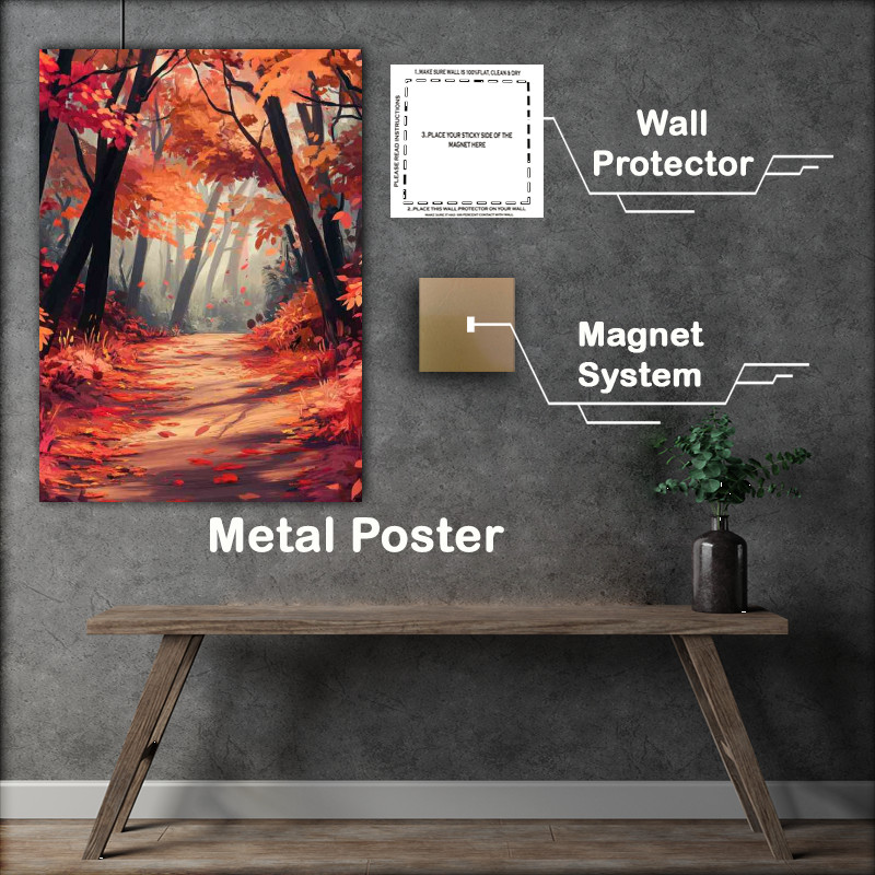 Buy Metal Poster : (Forest path lined with red and orange leaves)