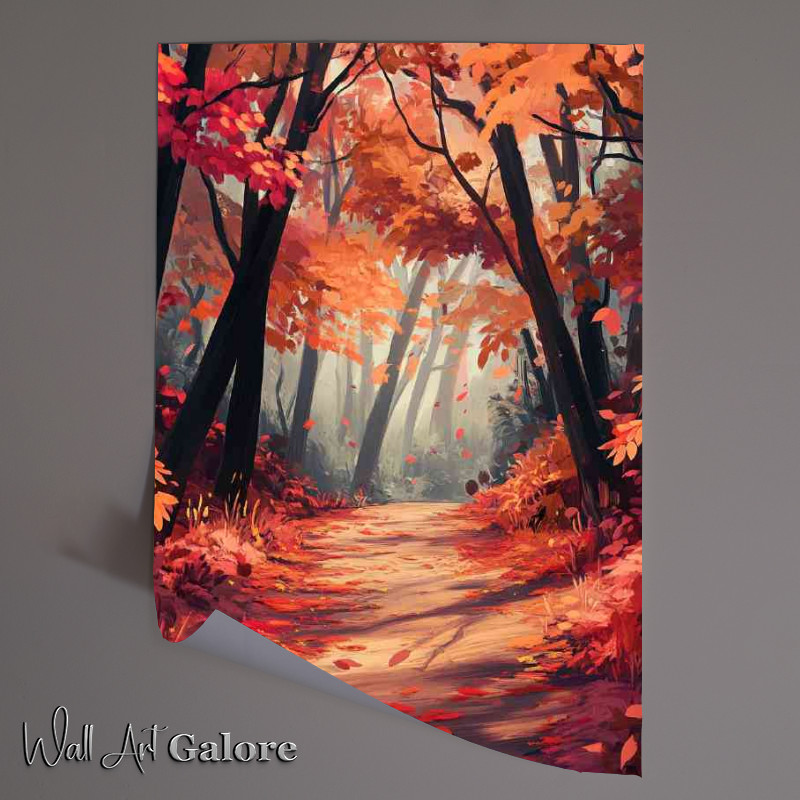 Buy Unframed Poster : (Forest path lined with red and orange leaves)