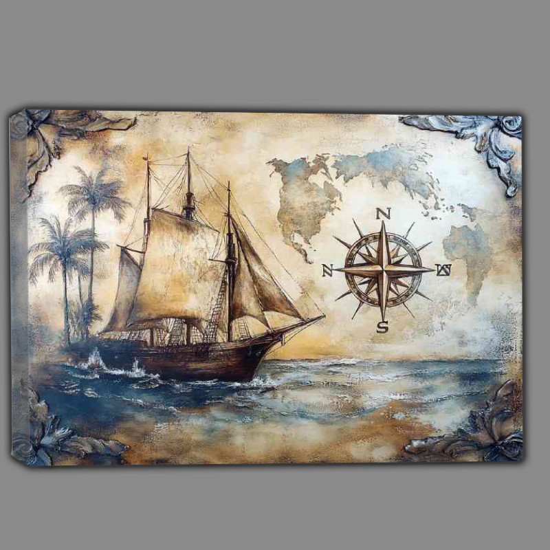 Buy Canvas : (A vintage nautical scene with an old sailing ship with compas)
