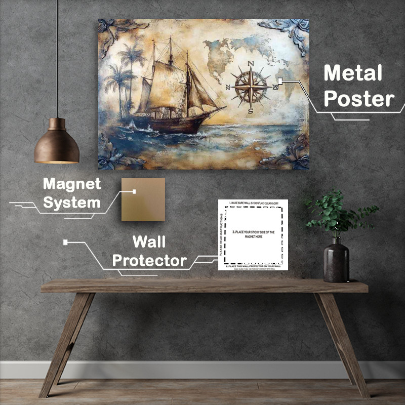 Buy Metal Poster : (A vintage nautical scene with an old sailing ship with compas)