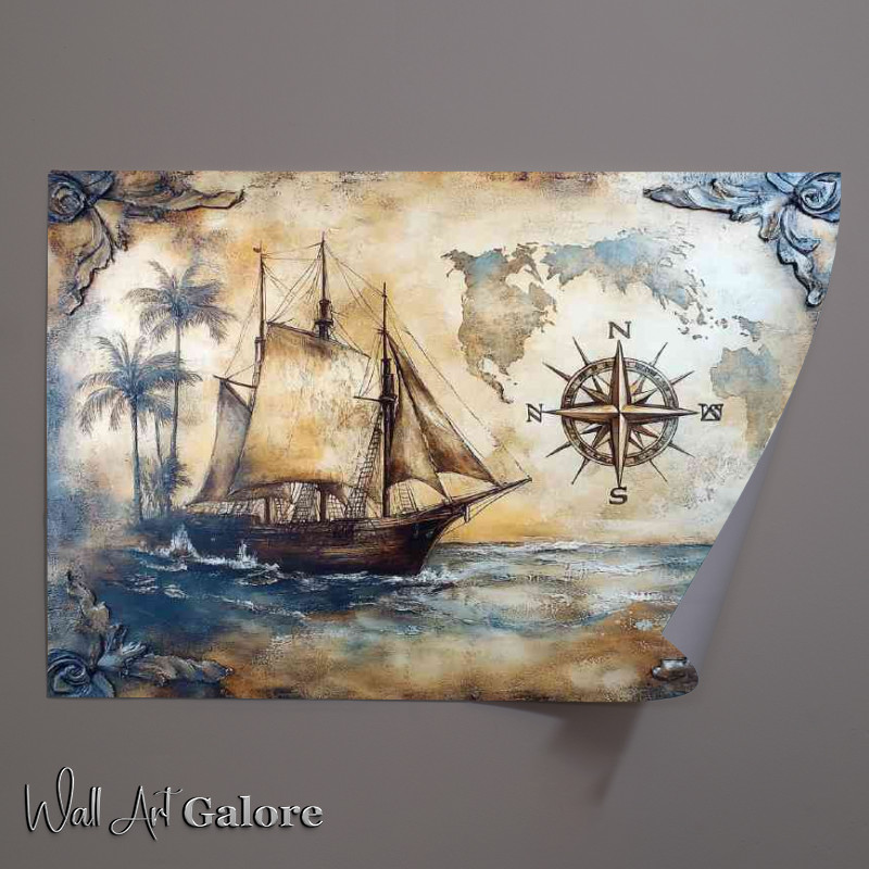 Buy Unframed Poster : (A vintage nautical scene with an old sailing ship with compas)