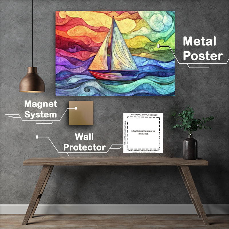 Buy Metal Poster : (Sailboat on the sea surrounded by swirling waves)