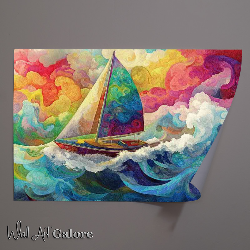 Buy Unframed Poster : (Sailboat sailing through the waves crashing)