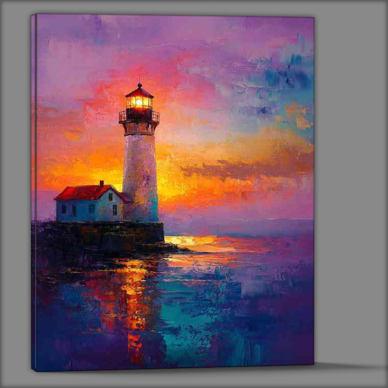 Buy Canvas : (A lighthouse shines its light on the night sea a beautiful painting)