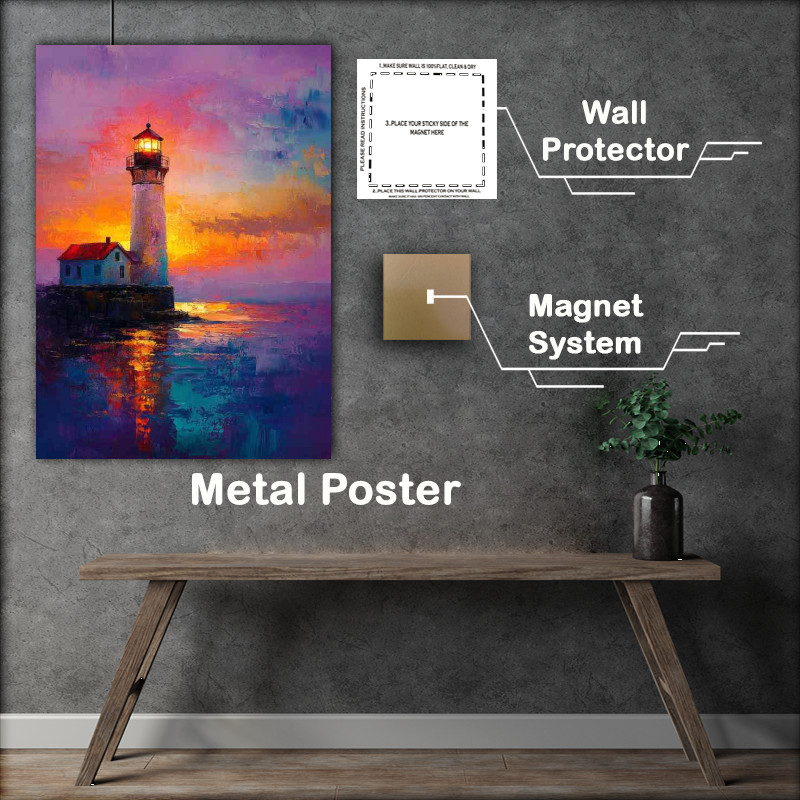 Buy Metal Poster : (A lighthouse shines its light on the night sea a beautiful painting)