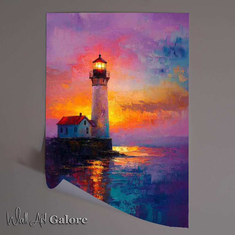 Buy Unframed Poster : (A lighthouse shines its light on the night sea a beautiful painting)