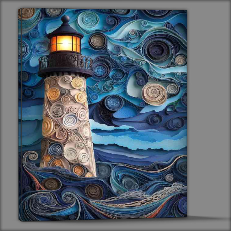 Buy Canvas : (A lighthouse with intricate patterns on its side stands)