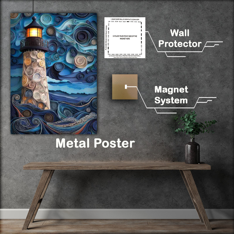 Buy Metal Poster : (A lighthouse with intricate patterns on its side stands)