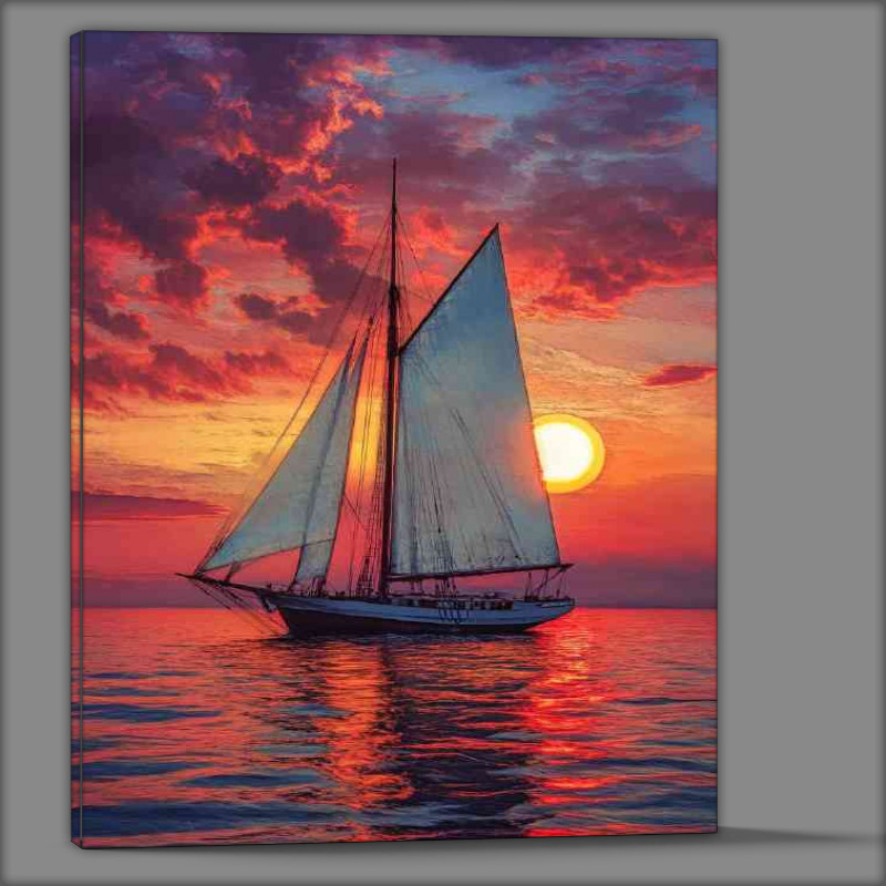 Buy Canvas : (A sailboat with white sails sailing on the sea at sunset)