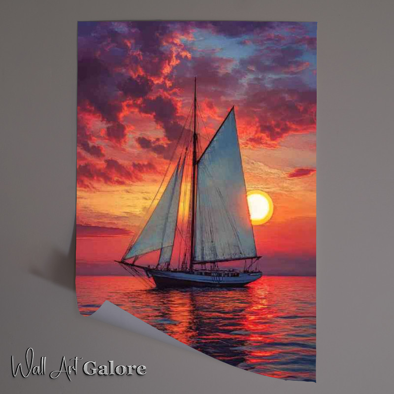 Buy Unframed Poster : (A sailboat with white sails sailing on the sea at sunset)