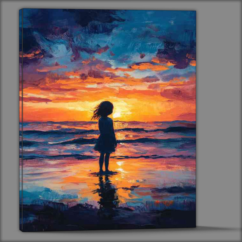 Buy Canvas : (A silhouette of a little girl standing on the beach)