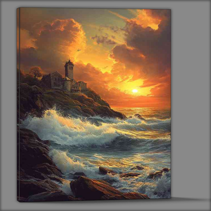 Buy Canvas : (Coastal sunset over the cliffs of Guernsey with waves)