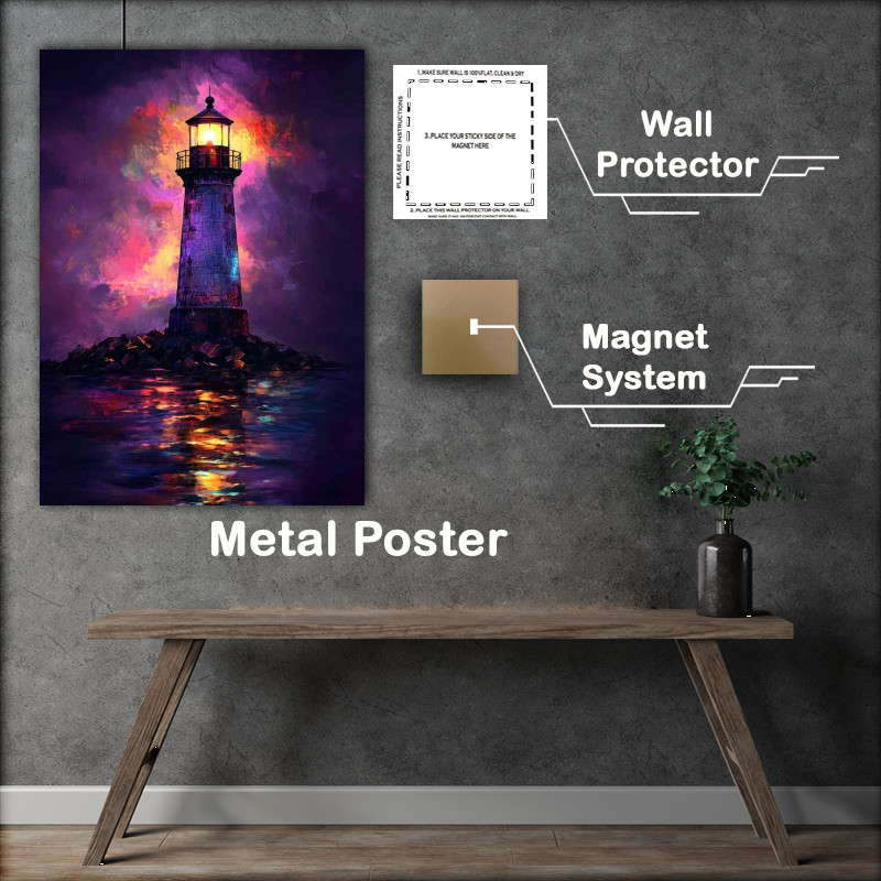 Buy Metal Poster : (Lighthouse at night illuminated by the soft glow of darkness)