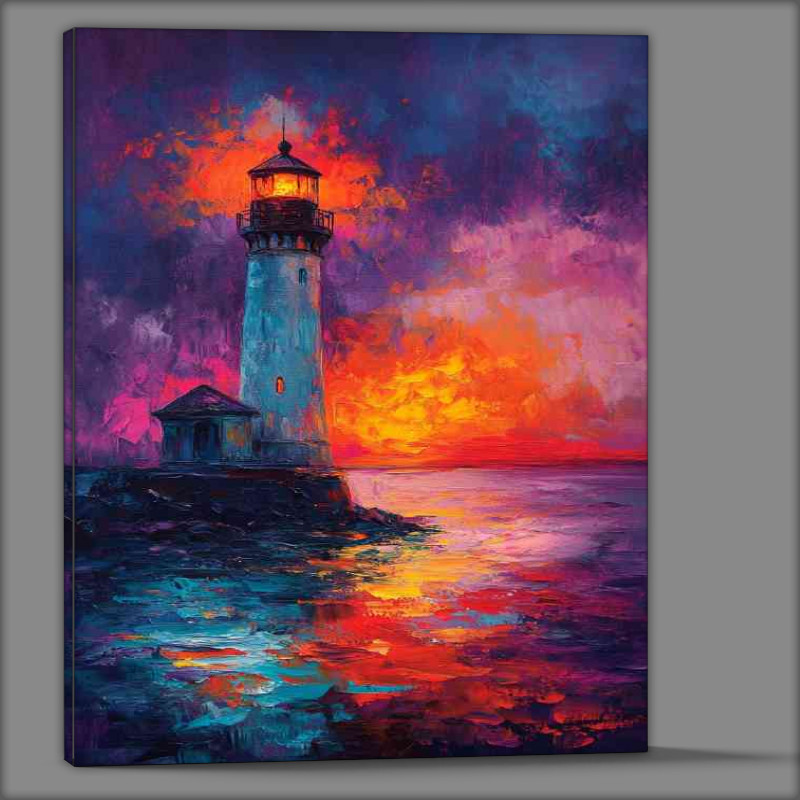 Buy Canvas : (Lighthouse shines its light on the night sea a beautiful)