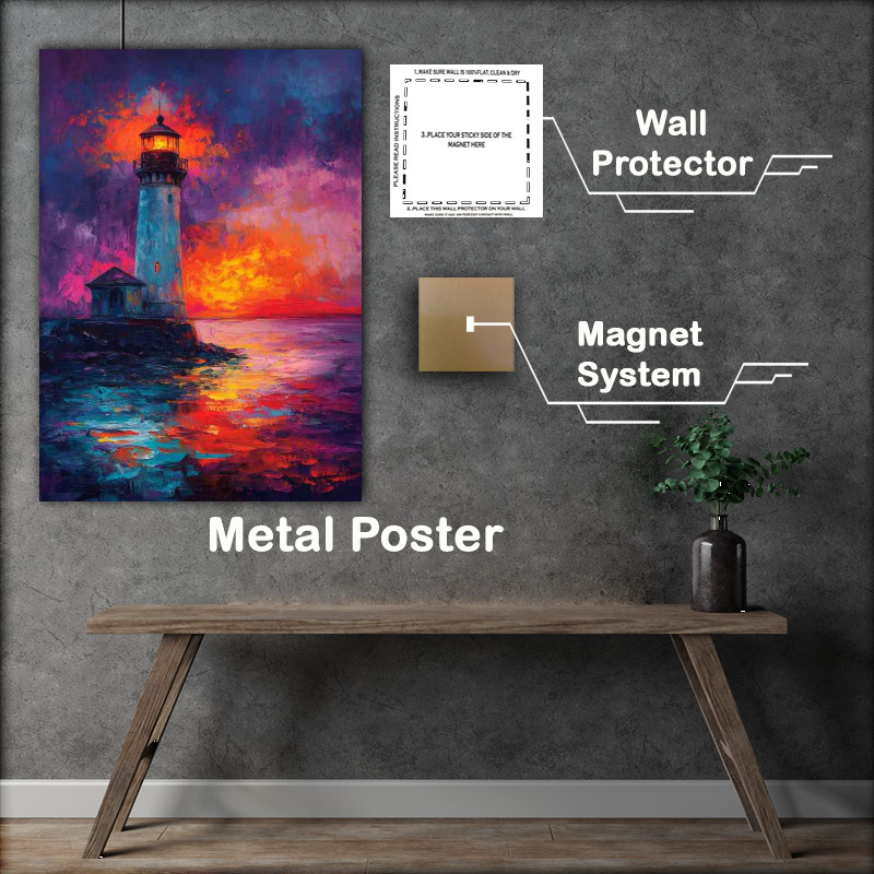 Buy Metal Poster : (Lighthouse shines its light on the night sea a beautiful)