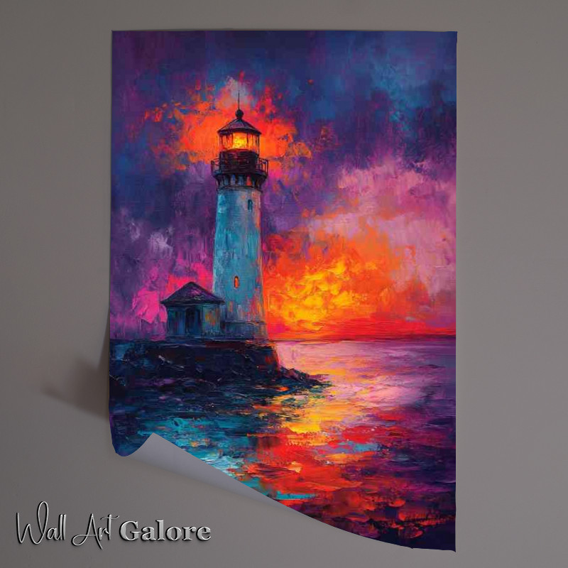 Buy Unframed Poster : (Lighthouse shines its light on the night sea a beautiful)