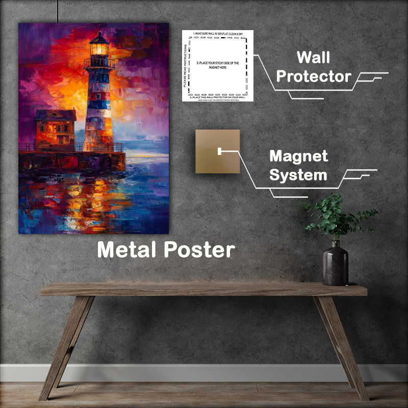 Buy Metal Poster : (Lighthouse shines its light on the night sea colourful)