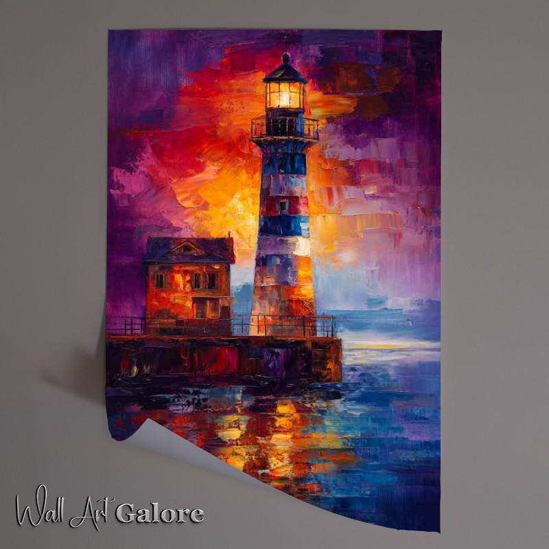 Buy Unframed Poster : (Lighthouse shines its light on the night sea colourful)