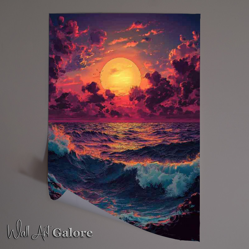 Buy Unframed Poster : (Sunset over the ocean with clouds and crashing waves)