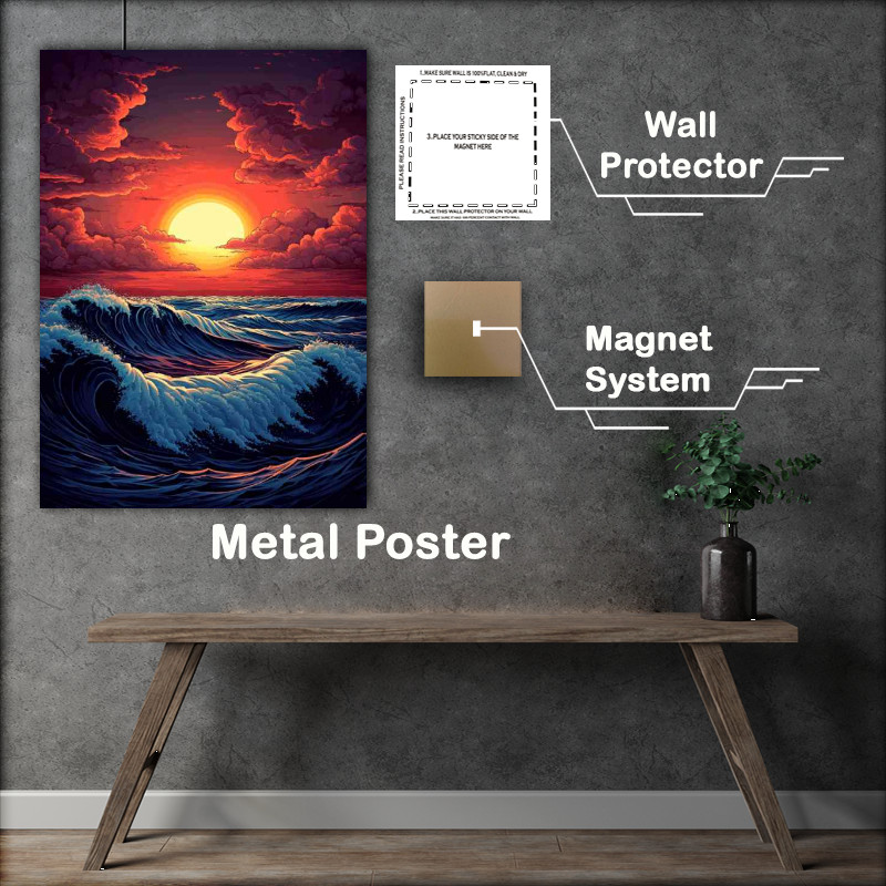 Buy Metal Poster : (Sunset over the ocean with clouds and waves)
