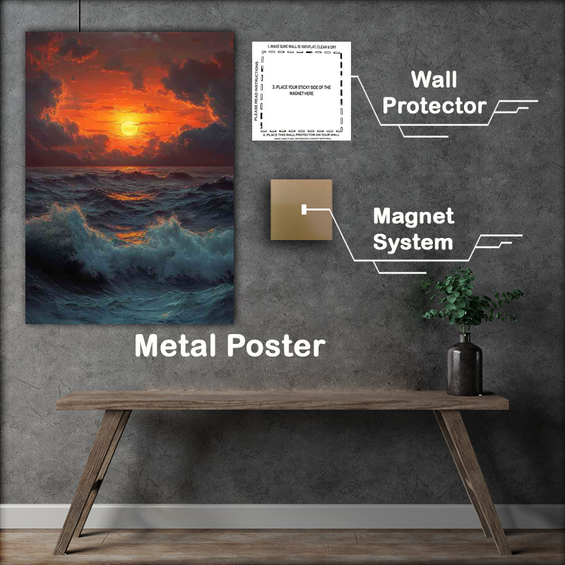 Buy Metal Poster : (Sunset over the ocean with clouds and waves crashing)
