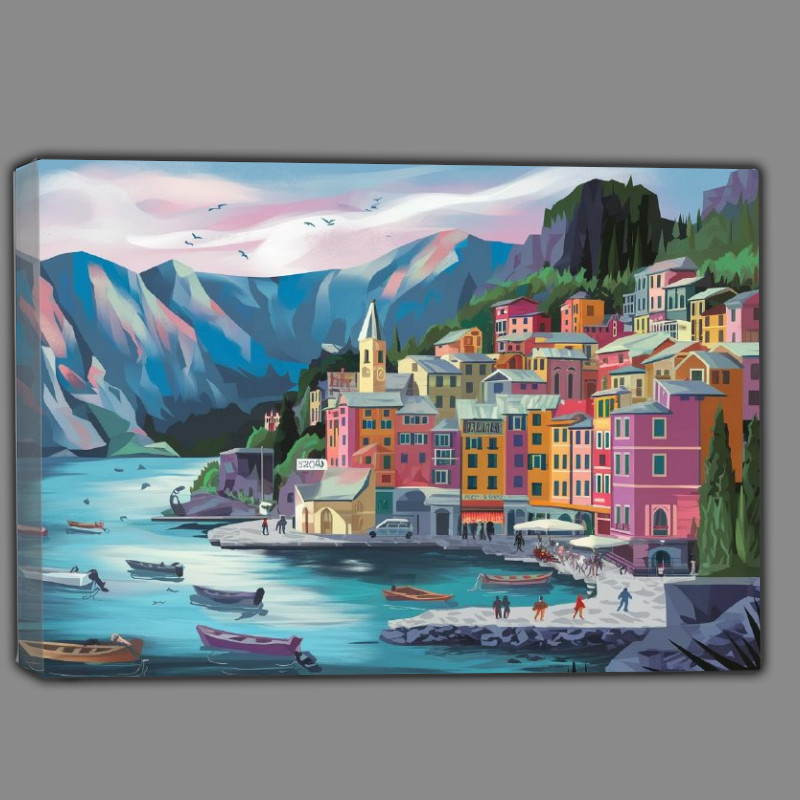 Buy Canvas : (Coastal town nestled between towering mountans)