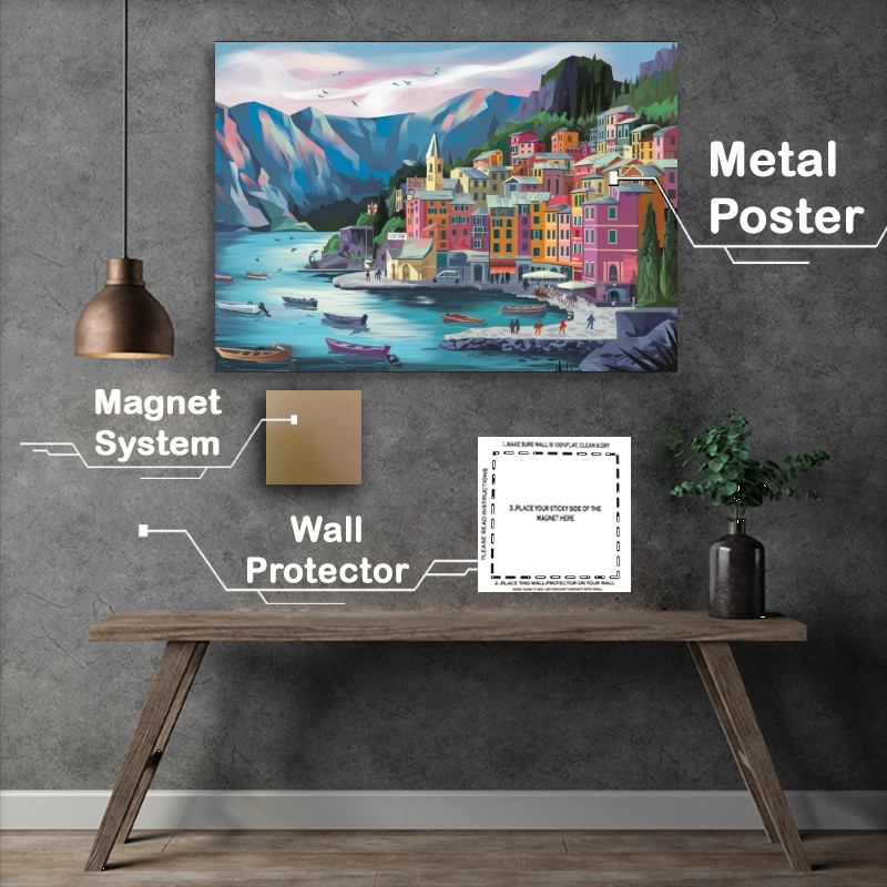 Buy Metal Poster : (Coastal town nestled between towering mountans)