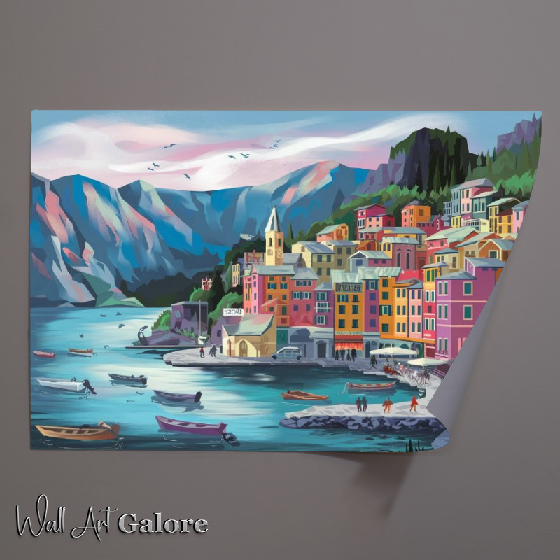 Buy Unframed Poster : (Coastal town nestled between towering mountans)