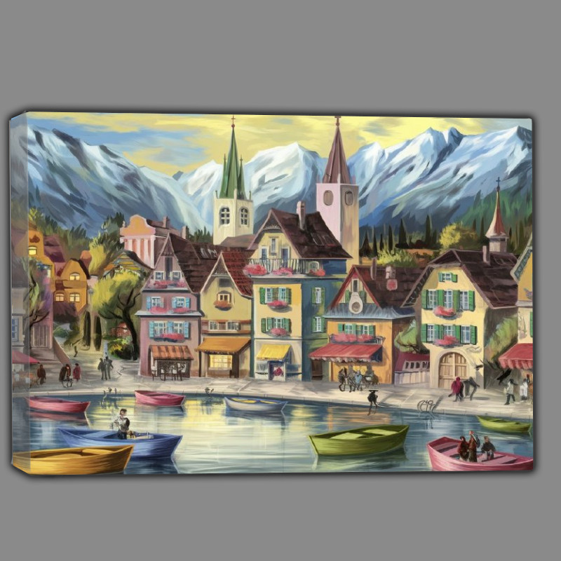 Buy Canvas : (Picturesque market town nestled between towerig mountains)