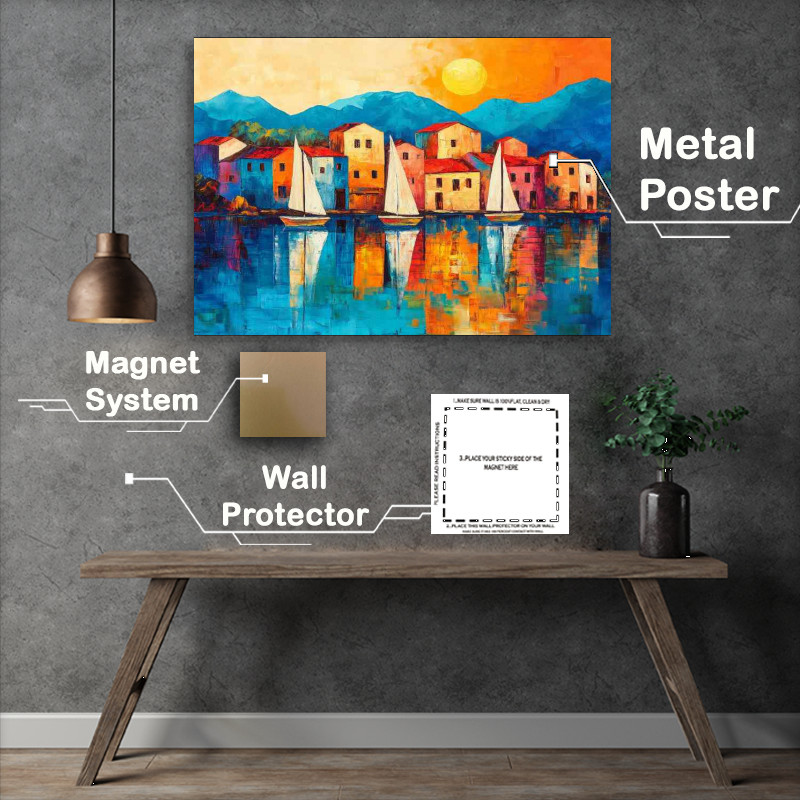 Buy Metal Poster : (Sailboats on the lake a small town in front of blue mountains)
